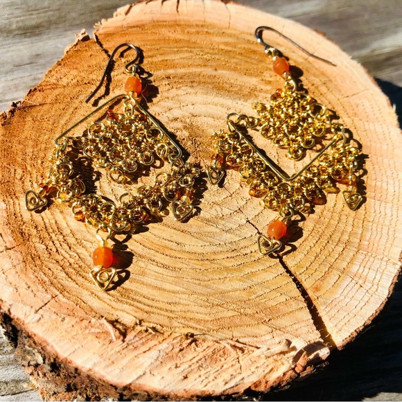 Gold plated dangling pierced earrings with orange beads. Handmade. Boho/Hippie. - Picture 4 of 4